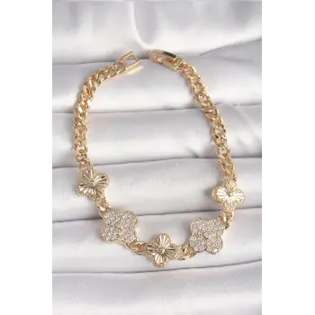 Pirinç Gold Renk Zirkon Taşlı Yonca Model Kadın Bileklik