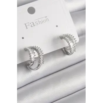 Pirinç Gümüş Renk 2Li Zirkon Taşlı Halka Model Kadın Küpe
