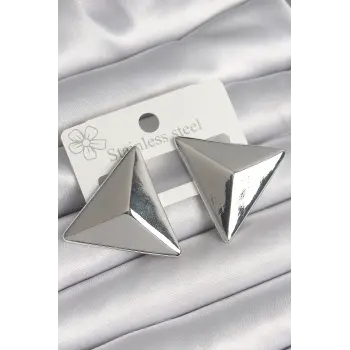 Pirinç Gümüş Renk 3D Üçgen Model Kadın Küpe