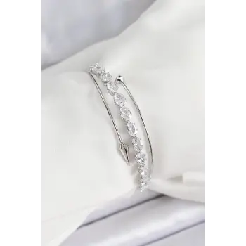 Pirinç Gümüş Renk Arpa Zirkon Taşlı Kadın Bileklik