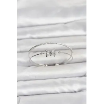 Pirinç Gümüş Renk Baget Zirkon Taşlı Objeli Kadın Bileklik