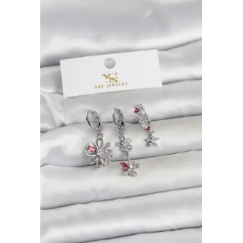 Pirinç Gümüş Renk Çiçek Model 3lü Kadın Küpe