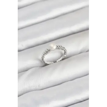 Pirinç Gümüş Renk Göbek İnci Model Kadın Yüzük