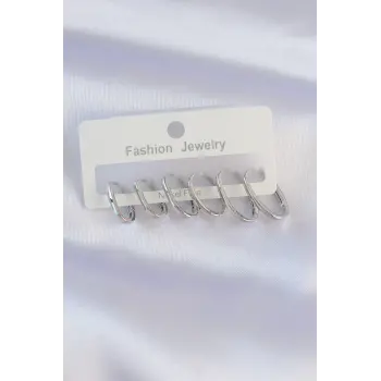 Pirinç Gümüş Renk İnce Oval Küpe Seti