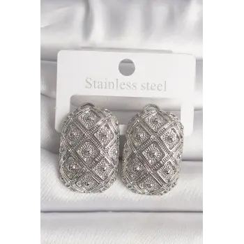 Pirinç Gümüş Renk Motif İşlemeli Kadın Küpe