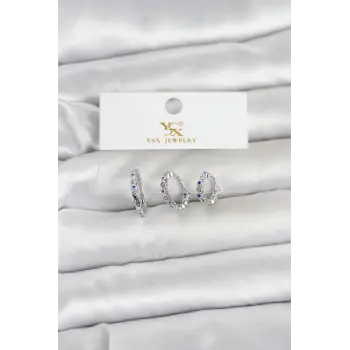 Pirinç Gümüş Renk Nazarlı Model 3lü Kadın Küpe