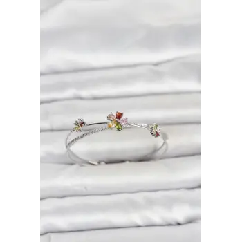 Pirinç Gümüş Renk Renkli Çiçek Model Kadın Bileklik