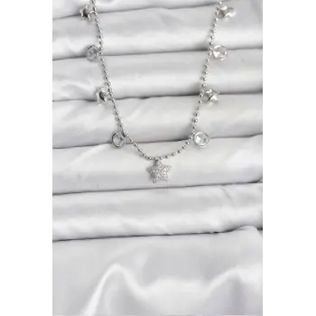 Pirinç Gümüş Renk Yıldız Model Kadın Kolye