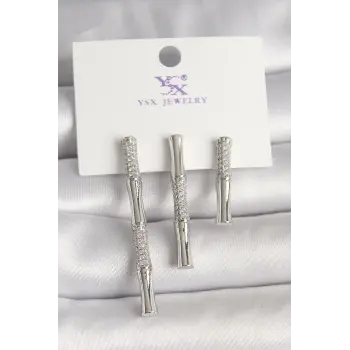 Pirinç Gümüş Renk Zirkon Taşlı Bambu Model 3Lü Kadın Kombin Küpe