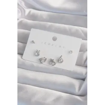 Pirinç Gümüş Renk Zirkon Taşlı Damla Model Küpe Seti
