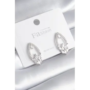 Pirinç Gümüş Renk Zirkon Taşlı Kadın Küpe