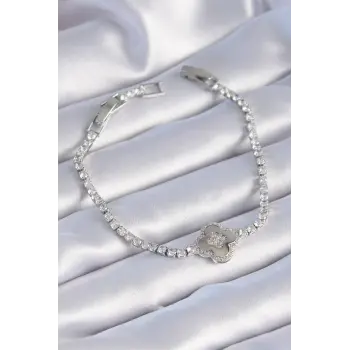 Pirinç Gümüş Renk Zirkon Taşlı Yonca Model Kadın Bileklik