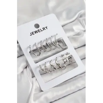 Pirinç Karışık Halka Model Gümüş Renk 6 Çift Kadın Küpe Set
