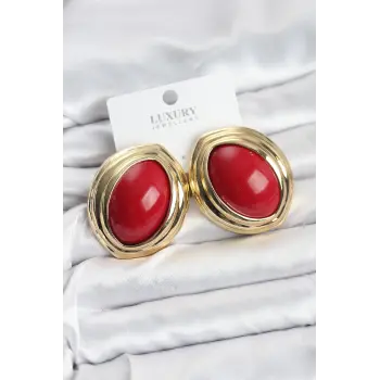 Pirinç Kırmızı Badem Model Vintage Gold Kadın Küpe