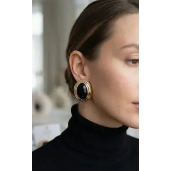 Pirinç Siyah Badem Model Vintage Gold Kadın Küpe