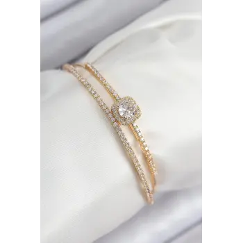 Pirinç Zirkon Taşlı Baget Model Gold Renk Kadın Bileklik