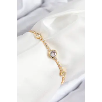 Pirinç Zirkon Taşlı Daire Model Gold Renk Asansörlü Kadın Bileklik