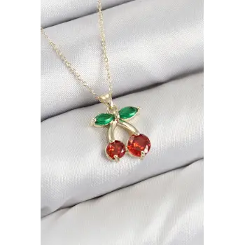 Pirinç Zirkon Taşlı Kiraz Model Gold Renk Kadın Kolye