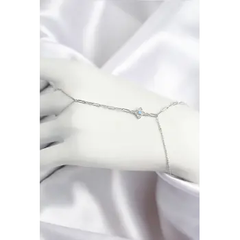 Pirinç Zirkon Taşlı Mavi Boncuklu Yonca Model Gümüş Renk Şahmeran