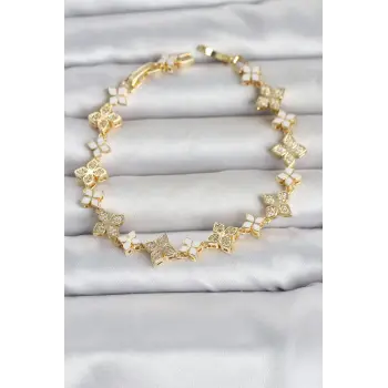 Pirinç Zirkon Taşlı ve Mineli Yonca Model Gold Renk Kadın Bileklik