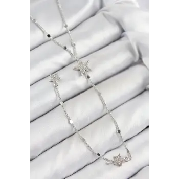 Pirinç Zirkon Taşlı Yıldız Model Gümüş Renk Y Kolye
