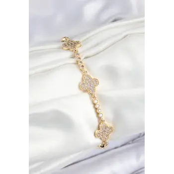 Pirinç Zirkon Taşlı Yonca Model Gold Renk Kadın Bileklik