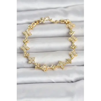 Pirinç Zirkon Taşlı Yonca Model Gold Renk Kadın Bileklik