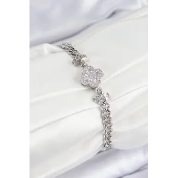 Pirinç Zirkon Taşlı Yonca Model Gümüş Renk Kadın Bileklik