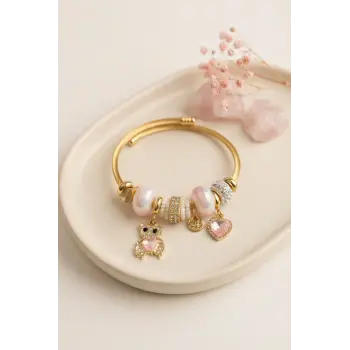 Tedy Bear Model Gold Renk Pembe Charmlı Bileklik