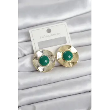 Vintage Model Yeşil Gold Renk Pirinç Kadın Küpe