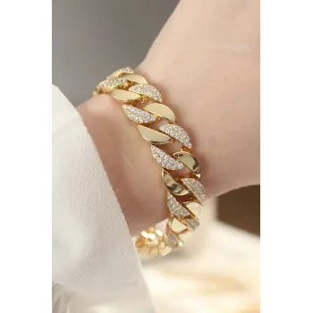Vip Seri Pirinç Zirkon Taşlı Gold Renk Gurmet Bileklik