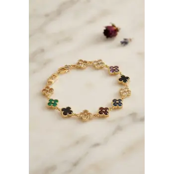 Yonca Model Karışık Renk Zirkon Taşlı Kadın Bileklik