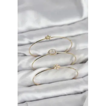 Zirkon Taşlı Gold Renk Tek Taş Model 3lü Kadın Bileklik Kombini