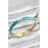 Mineli Pirinç Mavi Çiçek Motifli Gold Kadın Kelepçe
