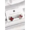 Pirinç Gümüş Renk Bordo Yonca Model Kadın Küpe