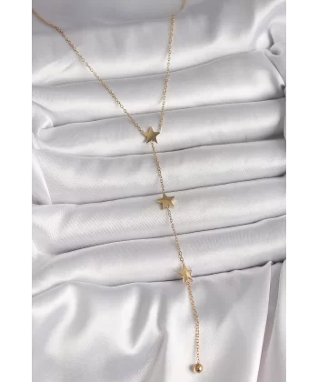 316L Çelik Gold Renk Yıldız Model Topçuk Detay Kadın Y Kolye