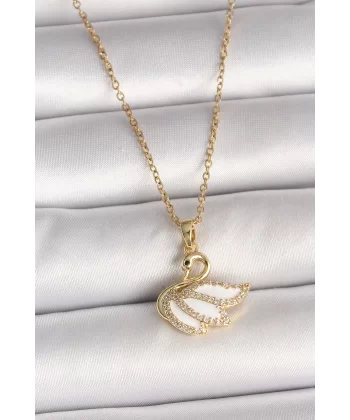 316L Çelik Gold Renk Zincir Zirkon Taşlı Kuğu Model Kadın Kolye