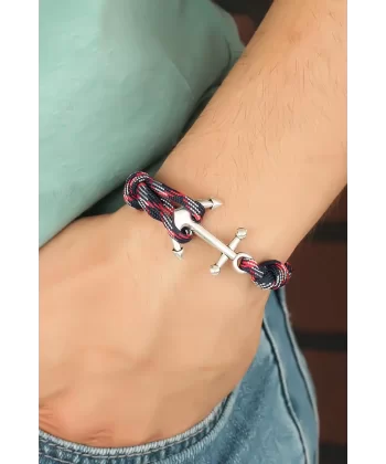 Bordo Lacivert Renk Desenli Metal Çapalı Erkek Bileklik