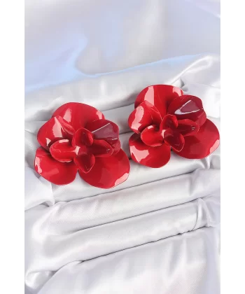 Pirinç Kırmızı Renk Gül Model Kadın Küpe