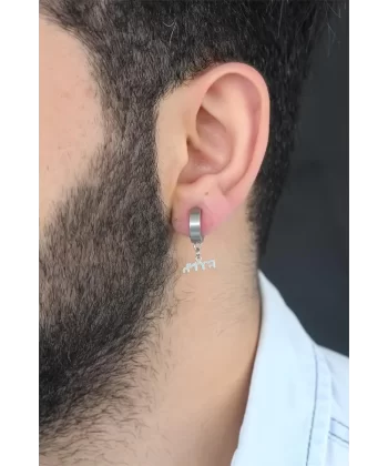 Silver Renk Kaplama Göktürkçe Yazı Figürlü Çelik Kıstırmalı Erkek Küpe