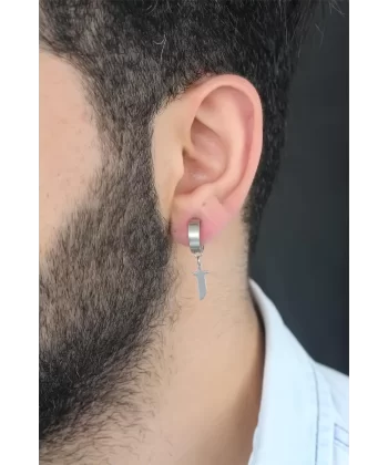 Silver Renk Kaplama Kılıç Figürlü Çelik Kıstırmalı Erkek Küpe