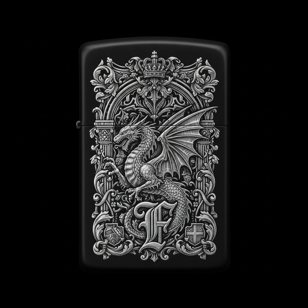 Zippo Ejderha Figürlü F Harfli Tasarım - V11