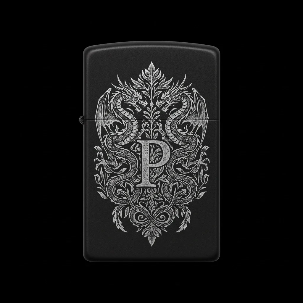 Zippo Ejderha Figürlü P Harfli Tasarım - V11