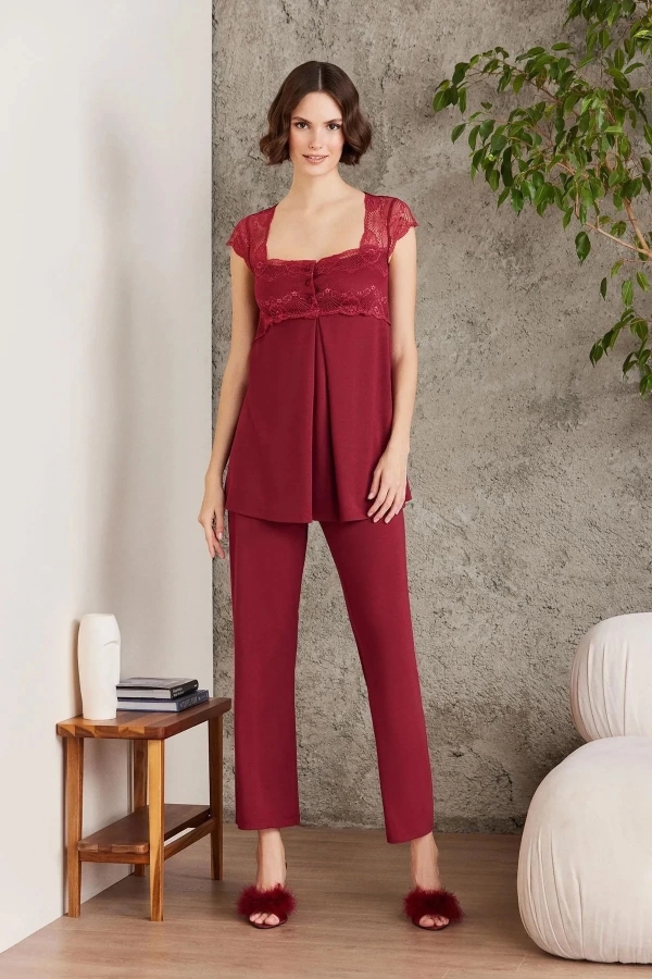 Pierre Cardin Dantelli Penye 3lü Kadın Lohusa Pijama Takımı 2805 - Bordo