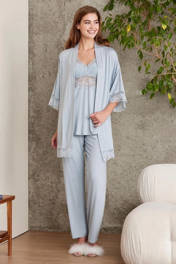 Pierre Cardin Dantelli Penye 3lü Kadın Pijama Takımı 2810 - Mist