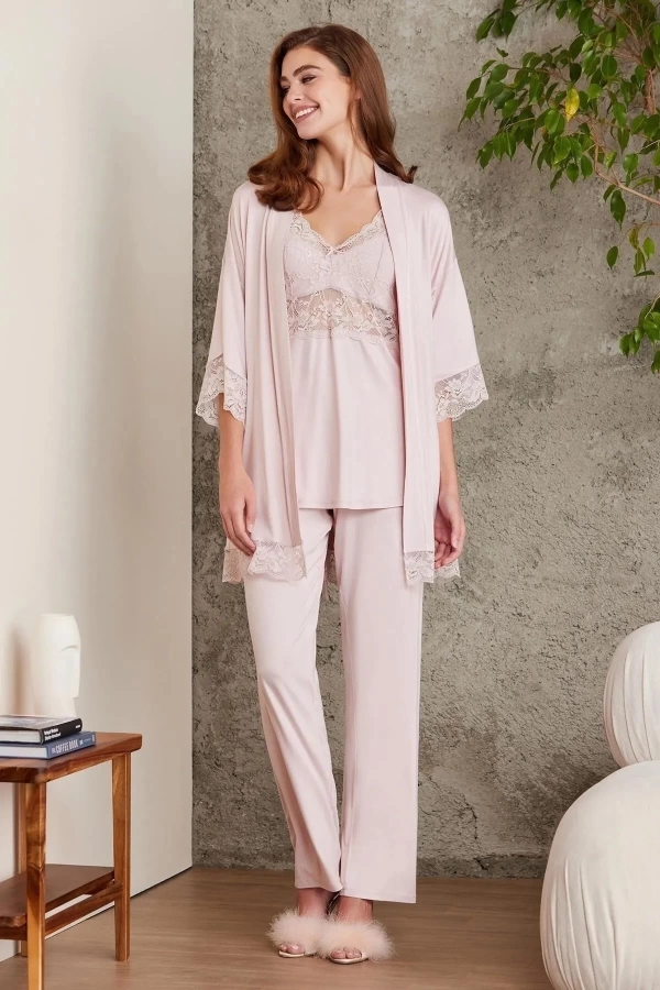 Pierre Cardin Dantelli Penye 3lü Kadın Pijama Takımı 2810 - Pudra