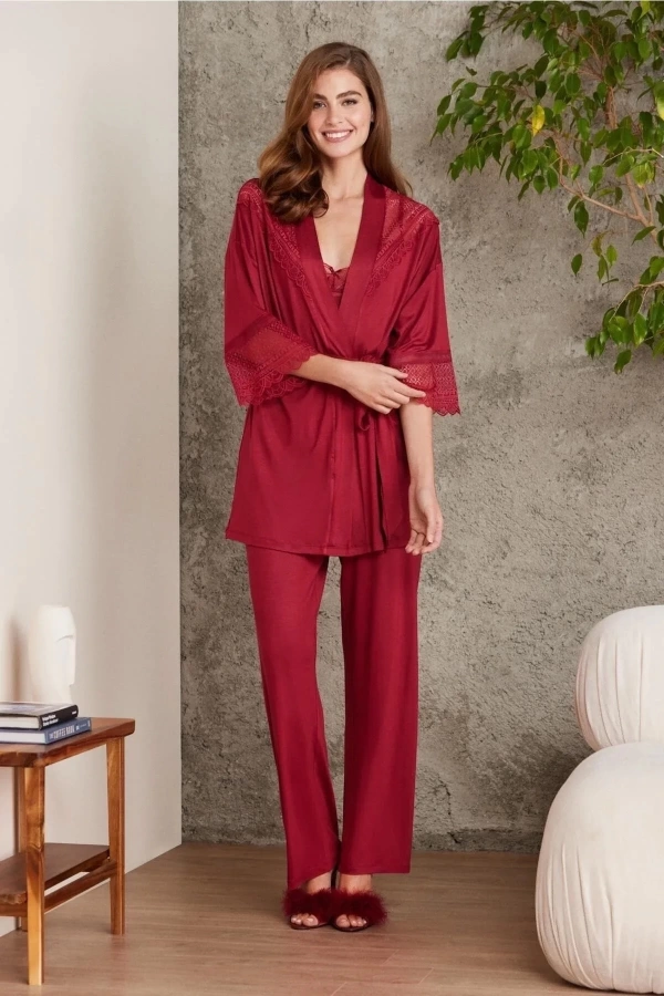 Pierre Cardin Dantelli Penye 3lü Kadın Pijama Takımı 2820 - Bordo