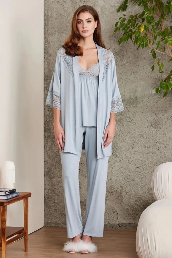 Pierre Cardin Dantelli Penye 3lü Kadın Pijama Takımı 2820 - Mist