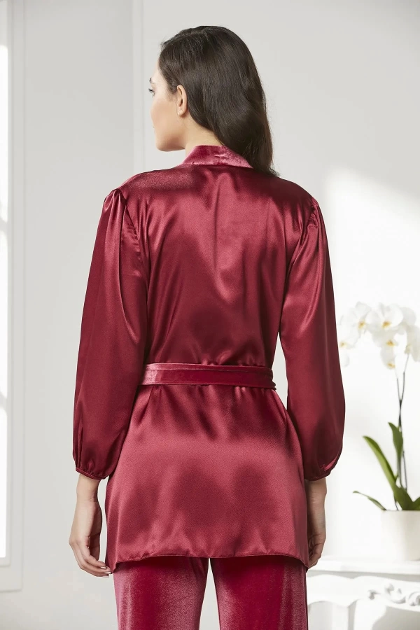 Pierre Cardin Kadife Saten 3lü Kadın Croplu Pijama Takımı 2050 - Bordo