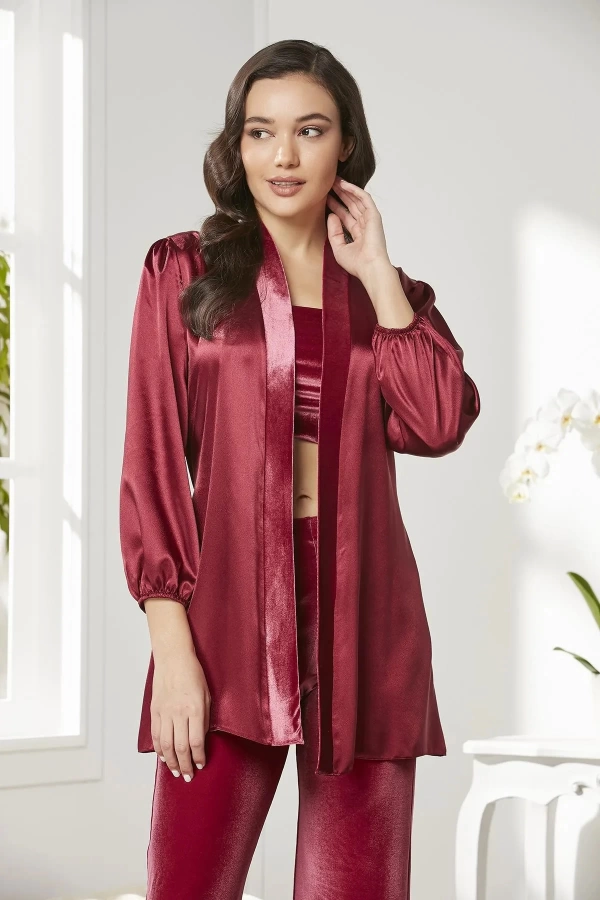 Pierre Cardin Kadife Saten 3lü Kadın Croplu Pijama Takımı 2050 - Bordo